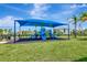 Community playground with a vibrant blue shade structure, set on a lush green lawn at 3060 Mountain Spruce Ter, Wesley Chapel, FL 33543
