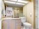 Bright bathroom featuring an updated toilet, vanity with granite countertop and a large mirror at 3145 Lake Ellen Dr # 3145, Tampa, FL 33618