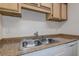 Close-up on the kitchen sink with stainless steel double basin and white cabinets at 4012 Tumble Wood Trl # 104, Tampa, FL 33613