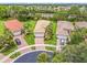 Overhead view of three houses on a well manicured cul-de-sac with brick driveways and mature landscaping at 4911 Rock Island Ct, Wimauma, FL 33598