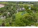 An aerial view of a park with picnic tables and a fenced dog run surrounded by mature trees and gardens at 4911 Rock Island Ct, Wimauma, FL 33598