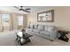 Cozy living room with a plush sofa, neutral decor, and ample natural light at 8636 Prairie Creek Dr, New Port Richey, FL 34655