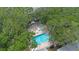 Gorgeous aerial view of a private pool and hot tub surrounded by lush greenery and lounge chairs at 9205 Jakes Path, Largo, FL 33771