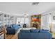 Cozy living room includes a stone fireplace and a comfortable blue sofa at 12458 1St W St, Treasure Island, FL 33706