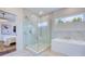 Elegant bathroom featuring a glass shower, soaking tub, and luxurious finishes at 1410 Nebraska Ave, Palm Harbor, FL 34683