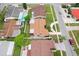 An aerial shot shows a quaint suburban home, a refreshing backyard pool, and lush, green landscaping at 2119 Sugarbush Dr, Holiday, FL 34690
