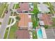 An aerial shot captures a home with manicured landscaping, circular driveway, and refreshing backyard pools nearby at 2119 Sugarbush Dr, Holiday, FL 34690