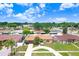 Wide aerial view showcasing this charming home in a quiet neighborhood with mature trees and well-maintained landscaping at 2119 Sugarbush Dr, Holiday, FL 34690