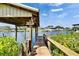 Private boat dock offers easy access to the water, featuring a 'BEERSHED' sign, creating a fun and inviting atmosphere at 318 Lookout Dr, Apollo Beach, FL 33572