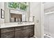 Bright bathroom features a modern vanity, a large framed mirror, and a separate walk-in shower with decorative tile at 344 Cascade Ln, Palm Harbor, FL 34684
