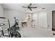 Bright exercise room featuring a ceiling fan, carpet flooring, a window, and various workout machines for a home gym experience at 344 Cascade Ln, Palm Harbor, FL 34684