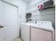 Bright laundry room with washer, dryer, and wall-mounted shelving offering ample storage space at 4116 Knollpoint Dr, Wesley Chapel, FL 33544