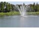 Picturesque view of the community pond with an active fountain, adding a touch of elegance and tranquility to the landscape at 4116 Knollpoint Dr, Wesley Chapel, FL 33544