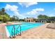 A community pool area surrounded by lounge chairs, tropical plants, and a covered gathering space at 4901 Windingbrook Trl, Wesley Chapel, FL 33544