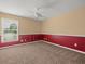 Bedroom with carpet, ceiling fan, and paneled walls with a window for natural light at 6114 Oak Cluster Cir, Tampa, FL 33634