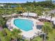 Overhead shot of a community pool surrounded by palm trees and comfortable seating at 7024 Bradbury Cir, Wesley Chapel, FL 33545