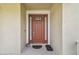 Classic brown front door with sidelights and decorative window, enhancing curb appeal at 7024 Bradbury Cir, Wesley Chapel, FL 33545