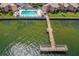 Aerial view showcasing a community pool and a long pier extending into the bay at 7430 Sunshine Skyway S Ln # 602, St Petersburg, FL 33711