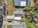 Straight-down aerial view of homes with driveways, green lawns, and fenced yards under a clear blue sky at 8074 37Th N Ave, St Petersburg, FL 33710