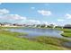 A serene view of a pond surrounded by lush greenery and residential homes at 13515 Palmera Vista Dr, Riverview, FL 33579