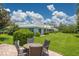 Outdoor patio featuring a table and chairs overlooking a well-manicured lawn and lush landscaping at 1510 Palmer Ct, Palm Harbor, FL 34685