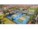 Aerial view of the community's recreational pickleball courts surrounded by palm trees and landscaping at 17140 Holly Well Ave, Wimauma, FL 33598