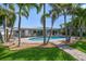 Beautiful backyard with pool, lush lawn, and mature palm trees at 202 Howard Dr, Belleair Beach, FL 33786