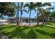 Lush backyard with a sparkling pool surrounded by palm trees and green lawn at 202 Howard Dr, Belleair Beach, FL 33786