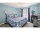 Light blue bedroom with ceiling fan, carpet flooring, and bright window at 2650 60Th N Ave, St Petersburg, FL 33714