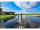 Private boat dock extending into the calm water, offering waterfront access at 314 Blackrock Ln, Apollo Beach, FL 33572