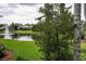 Scenic view of a tranquil pond with a fountain, framed by lush greenery and mature trees at 4736 Stonebriar Dr, Oldsmar, FL 34677