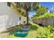 Beautiful backyard with well maintained garden beds, a palm tree, and a privacy fence at 1910 Montego Ct, Oldsmar, FL 34677