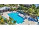 Aerial view of a large community pool surrounded by palm trees, lounge chairs, and a pergola at 28504 Tranquil Lake Cir, Wesley Chapel, FL 33543