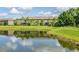 Scenic view of community homes reflected in the tranquil pond, surrounded by lush green space at 28504 Tranquil Lake Cir, Wesley Chapel, FL 33543