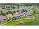 Aerial view of homes surrounding a lake with lush landscaping and swimming pools at 31244 Baclan Dr, Wesley Chapel, FL 33545