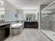 A luxurious bathroom showcasing a soaking tub, double vanities, and a glass-enclosed shower for a spa-like experience at 33668 Willow Point Ct, Wesley Chapel, FL 33545