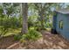 View of home backyard with leafy ground cover, trees, and covered grill; shed in background at 5633 99Th N Ter, Pinellas Park, FL 33782