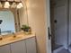 Bathroom featuring a vanity, mirror, and shower stall, ready for refurbishment and modern updates at 6203 Calamari Pl, Riverview, FL 33578