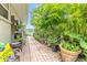 Lush backyard with a variety of potted plants and a brick pathway, creating a serene garden atmosphere at 8515 Macoma Ne Dr, St Petersburg, FL 33702