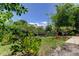 Beautiful landscaped backyard featuring mature landscaping and a wooden bridge to the canal at 8701 Driftwood Drive Dr, Tampa, FL 33615