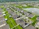 Aerial shot of homes with solar panels, a community pool, and a lake, showcasing the neighborhood amenities at 11035 Sage Canyon Dr, Riverview, FL 33578