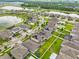 An aerial view of a community showcasing well-maintained homes, green lawns, and a serene lake at 11035 Sage Canyon Dr, Riverview, FL 33578