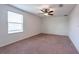 Cozy bedroom with neutral carpeting, ceiling fan, and a large window for natural light at 11035 Sage Canyon Dr, Riverview, FL 33578