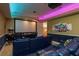 A luxurious home theater with a large screen, comfortable seating, and ambient lighting at 11430 Trotting Down Dr, Odessa, FL 33556