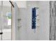 Close-up of a walk-in shower featuring a custom blue panel with a rainfall shower head at 17838 Morninghigh Dr, Lutz, FL 33549