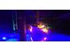 Screened in pool with accent lights illuminating the rock waterfall feature at 18434 Eastwyck Dr, Tampa, FL 33647