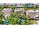 Aerial view of neighborhood home with pool, lush landscaping, and backyard playground at 1906 White Cedar Way, Brandon, FL 33511