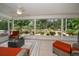 Serene screened-in patio offering picturesque views of the beautifully landscaped garden and pond at 3273 Tanglewood Trl, Palm Harbor, FL 34685