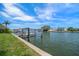 Stunning waterfront view with lush green lawn and a private dock at 4545 Clearwater Harbor N Dr, Largo, FL 33770