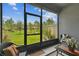 Relaxing screened patio with wicker furniture and view of lush green lawn at 4653 Ancona Way, Wesley Chapel, FL 33543
